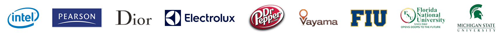 Optimum7 Client Logos - Intel, Pearson, Dior, Electrolux, Dr. Pepper, Vayama, FIU, FNU, Michigan State University