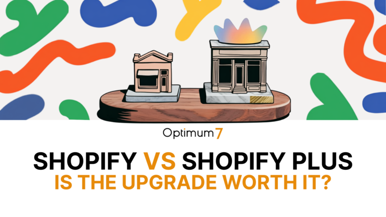 Two small storefronts sit on a wooden pedestal, one topped with a pastel crown, set against a bright abstract background—likely a header art for a Shopify comparison article.