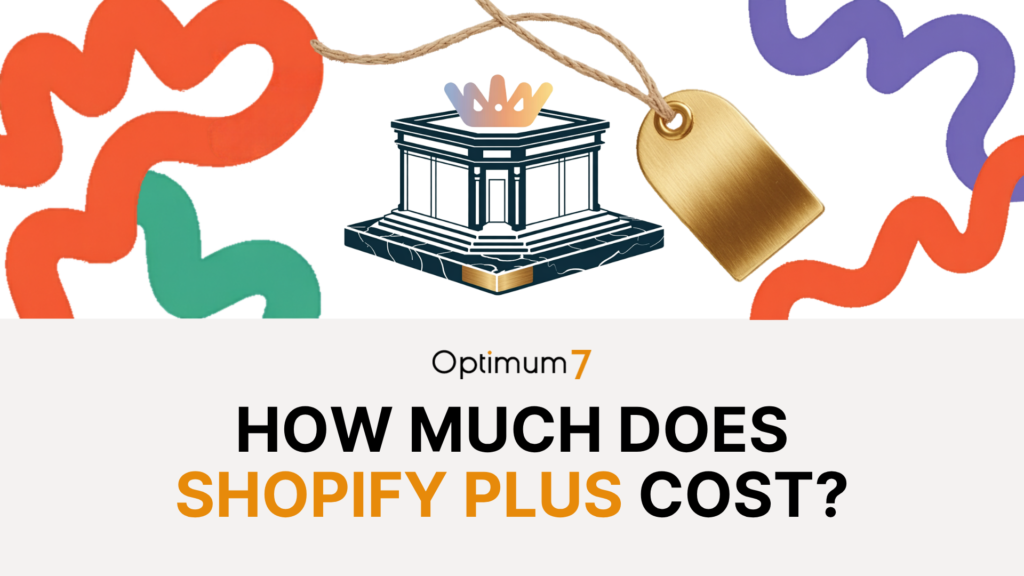 shopify-plus-cost | Digital Marketing and eCommerce Development Company Hero header banner for a Shopify Plus costs article: a stylized pedestal with a crown, a gold tag, and colorful wavy shapes in the background