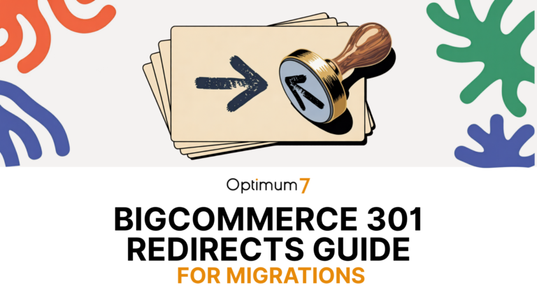 Illustration of stacked cards with a stamp and arrow, used as the header for a BigCommerce redirects guide article