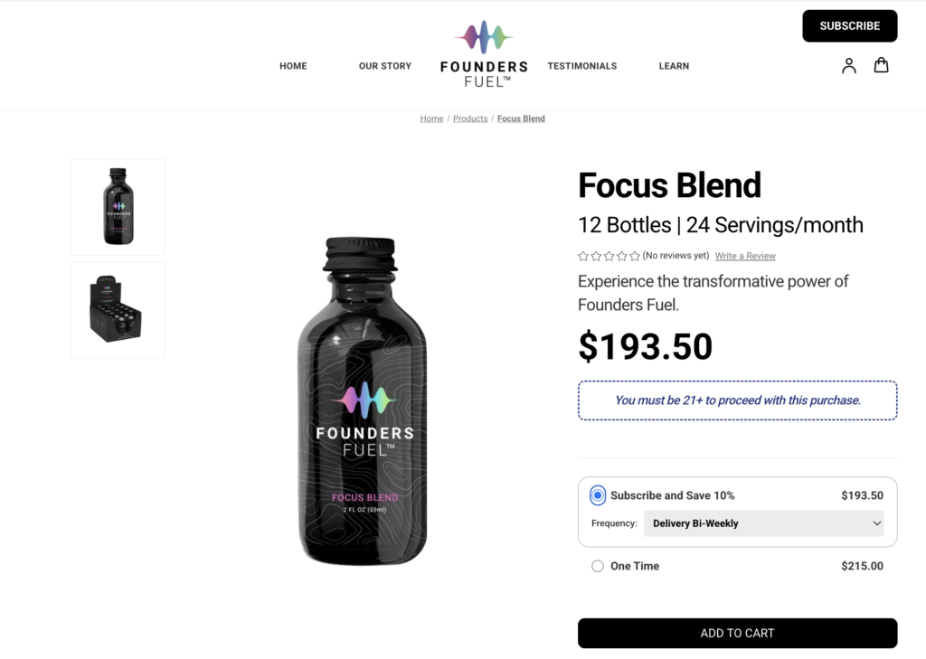 Screenshot of foundersfuel.com product page displaying product title, membership price, description, and 'add to cart' button, illustrating e-commerce membership functionality.