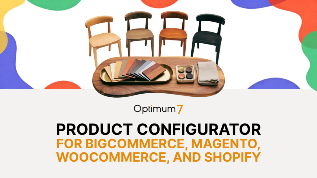 product-config | Digital Marketing and eCommerce Development Company Wooden table with color swatches and fabric samples, four chairs around it, on a colorful abstract background, for a product configurator hero image.