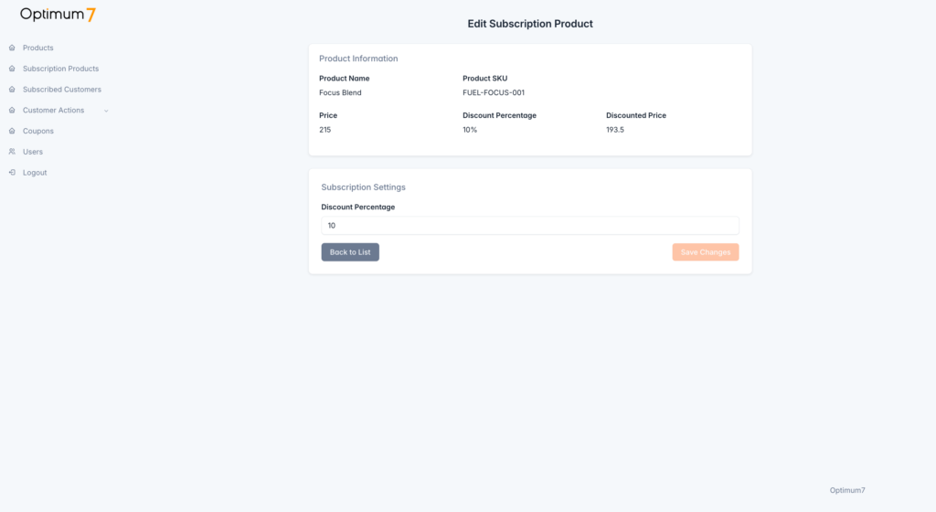 founder fuel's backend that includes ecommerce membership functionality. It shows how a user can edit the product page listing