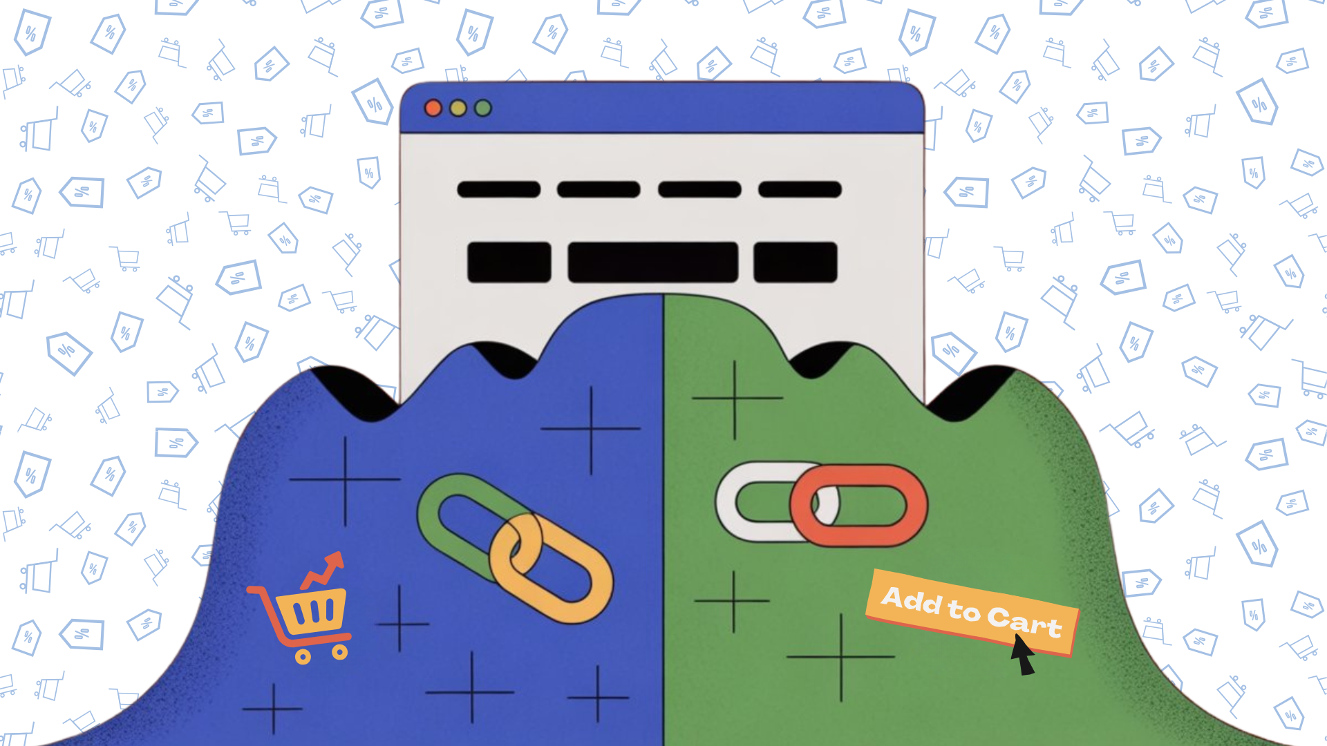 Abstract ecommerce graphic showing a browser window above blue and green hills with chain link icons, a shopping cart symbol, and an Add to Cart label on a patterned background.