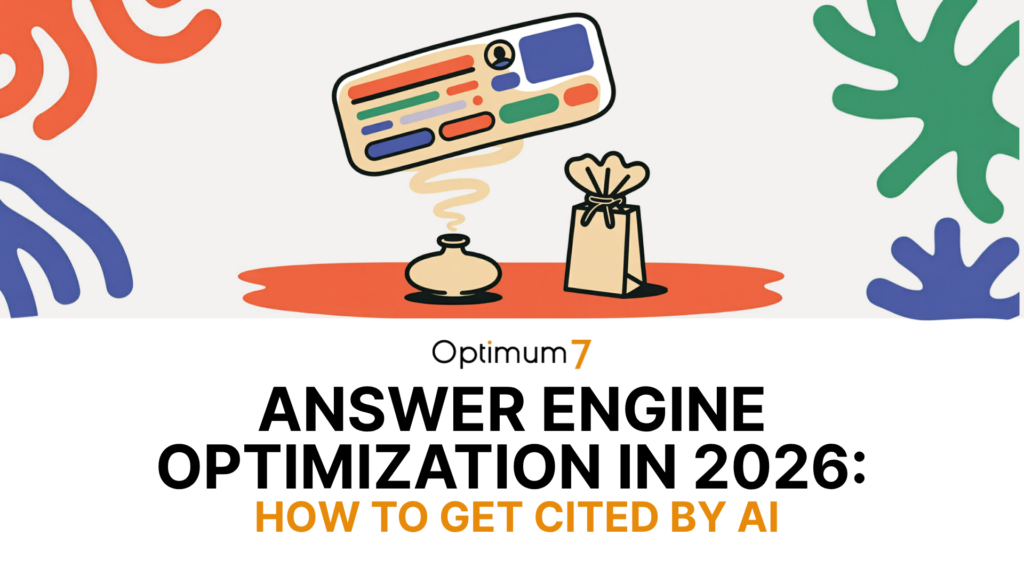 aeo | Digital Marketing and eCommerce Development Company Abstract banner: a desk with an ink bottle and a gift bag, surrounded by colorful shapes, used as a header for an article on search engine optimization.