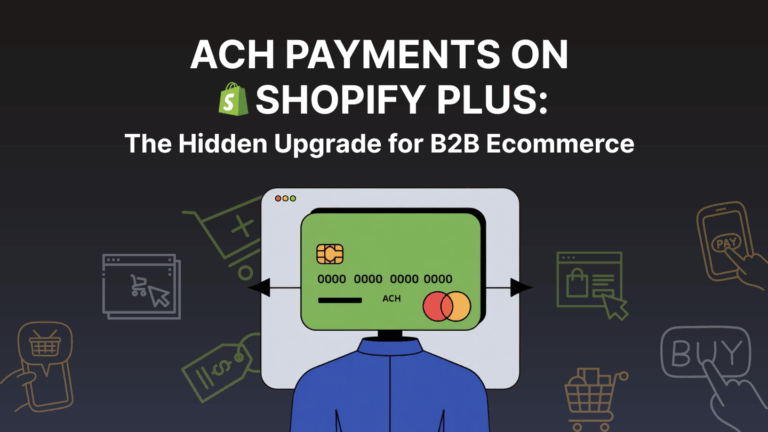 Illustration of a person in front of a screen displaying a bank card labeled ACH, representing Shopify Plus ACH payments for B2B ecommerce.