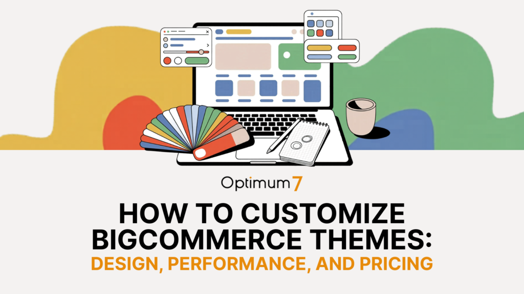 Illustrated designer’s workspace with a laptop, color swatch fan, notebook, and tools, symbolizing BigCommerce theme design.