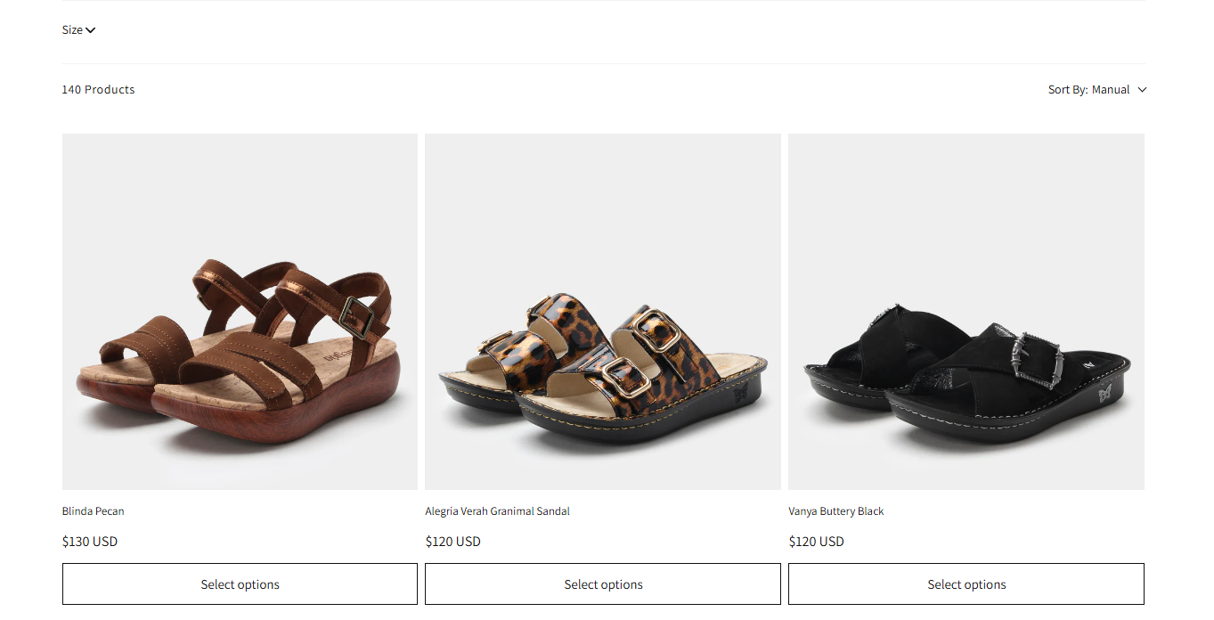 Ecommerce product catalog grid on Shopify showing successfully migrated products with images, pricing, and variant options organized by category