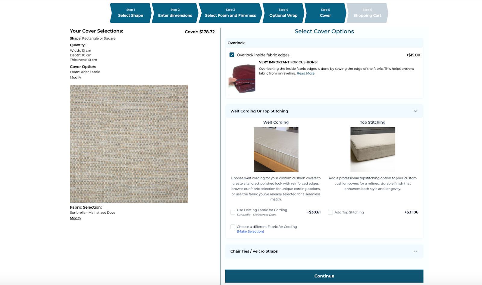 FoamOrder configurator showing a six-step guided flow with a live cover-selection summary and a running price of 178 dollars 72 cents