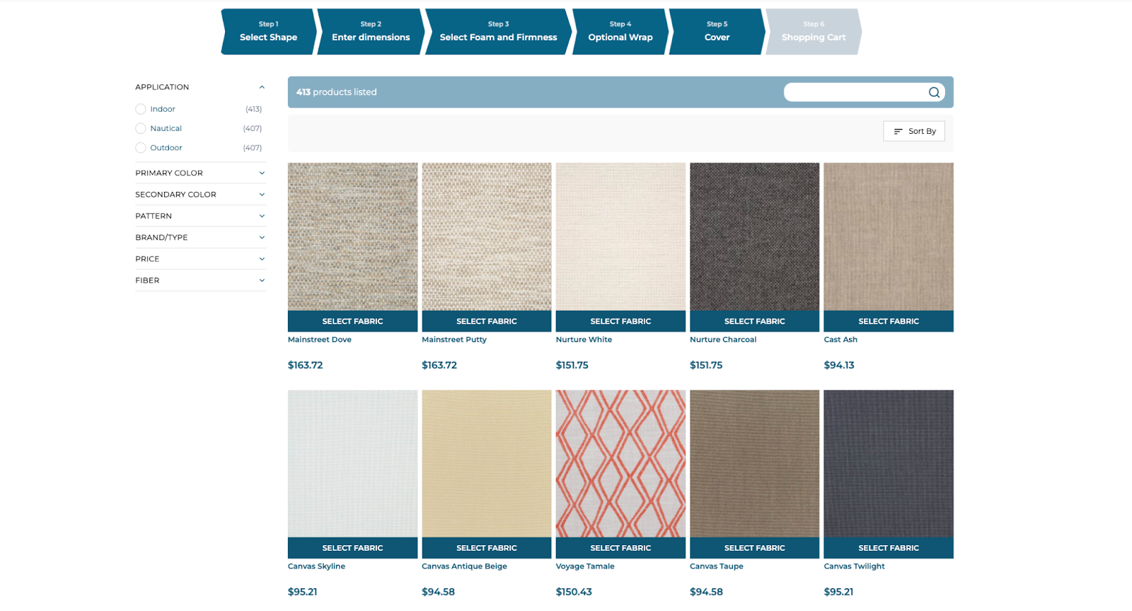 FoamOrder configurator fabric-selection step showing a faceted filter rail and a grid of priced fabric swatches