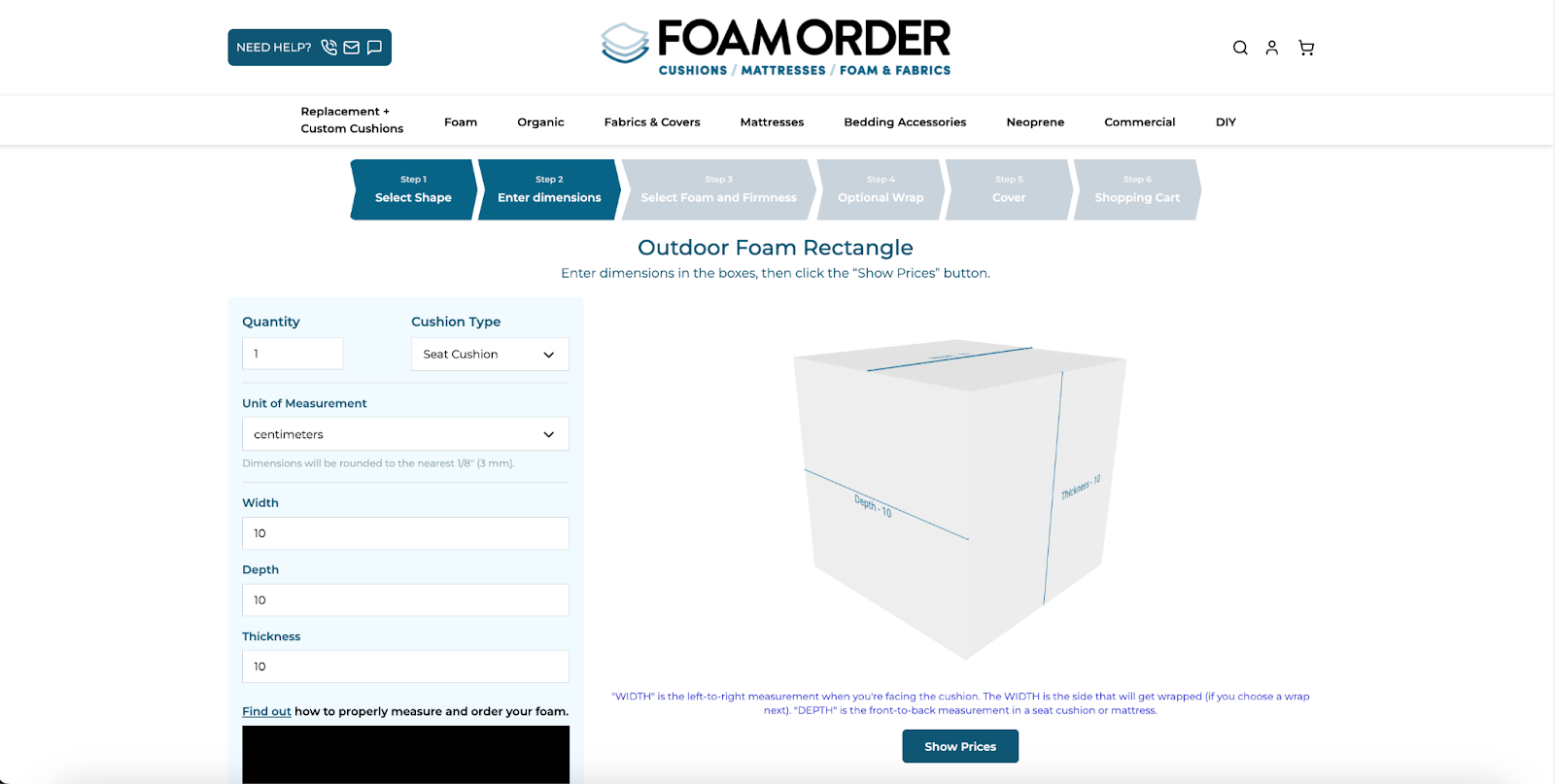 FoamOrder configurator dimensions step showing input fields beside a live 3D cube preview labeled with width, depth, and thickness