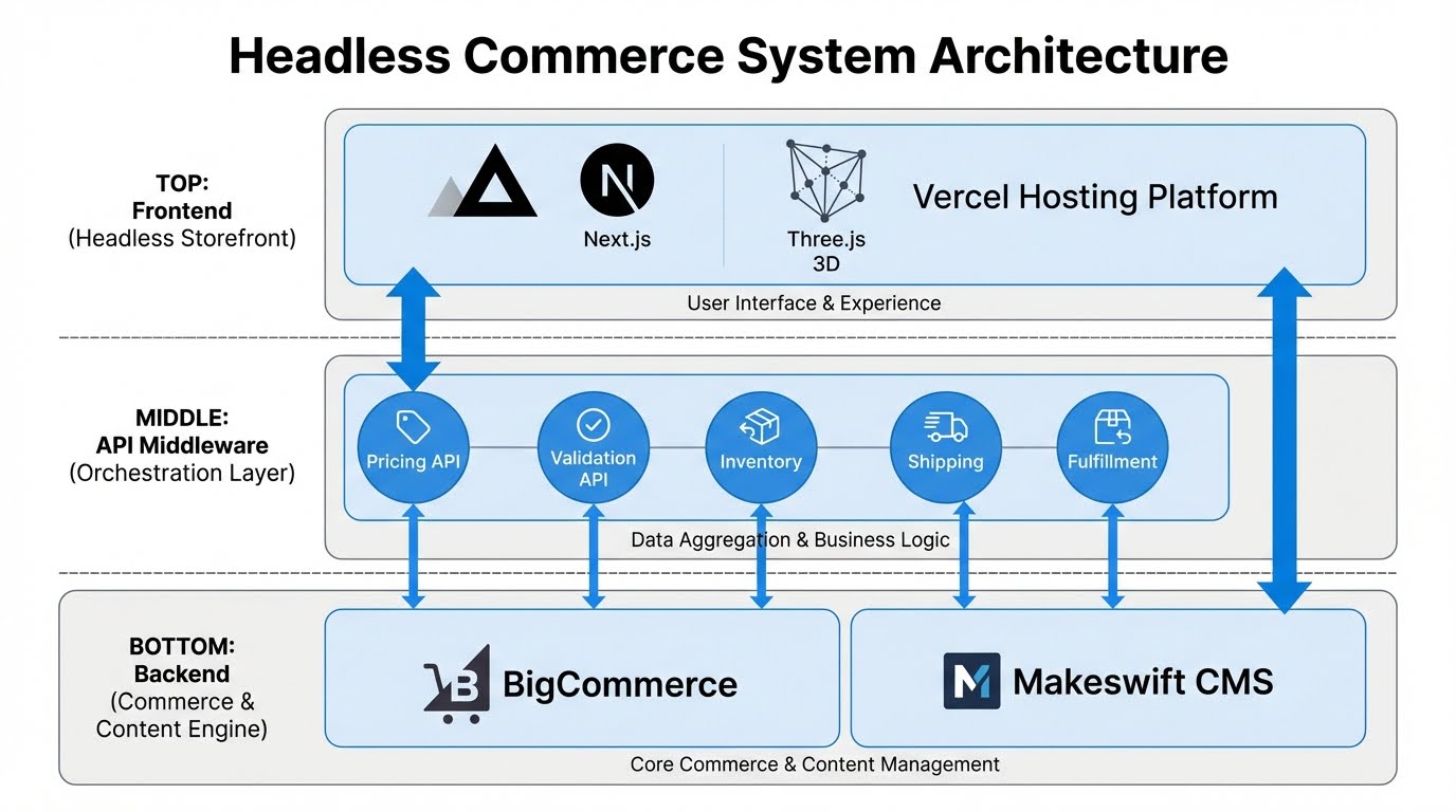 Headless commerce architecture diagram for FoamOrder: a Next.js and Three.js storefront on top, a middleware layer of pricing, validation, inventory, shipping, and fulfillment APIs, and a BigCommerce backend