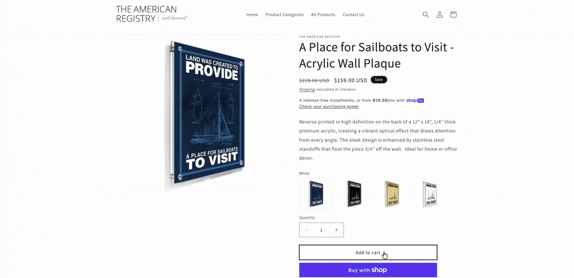 American Registry plaque product updating as the buyer selects material variants for a personalized acrylic plaque