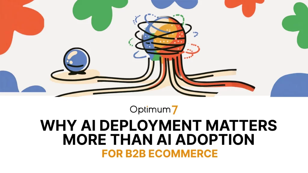 ai-deployment | Digital Marketing and eCommerce Development Company Illustration representing AI deployment and system integration for B2B eCommerce, with connected data flows and centralized AI infrastructure.