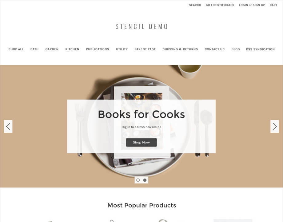 BigCommerce Cornerstone Stencil theme showing a responsive ecommerce storefront with product listings and navigation