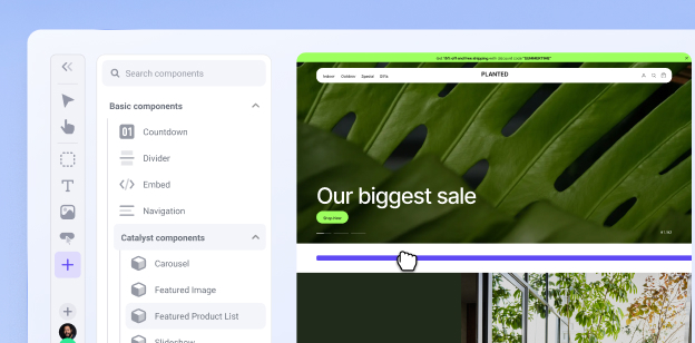 BigCommerce Page Builder visual editor interface showing a storefront layout being assembled with drag-and-drop content blocks