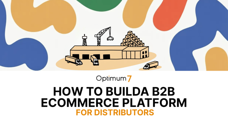 Construction-site illustration with crane, loading trucks, and stacked materials, symbolizing building a B2B e-commerce platform for distributors