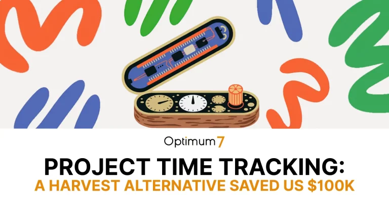 Illustration representing a custom time tracking system, featuring a stylized timer device and workflow dashboard used to replace Harvest for internal time management.