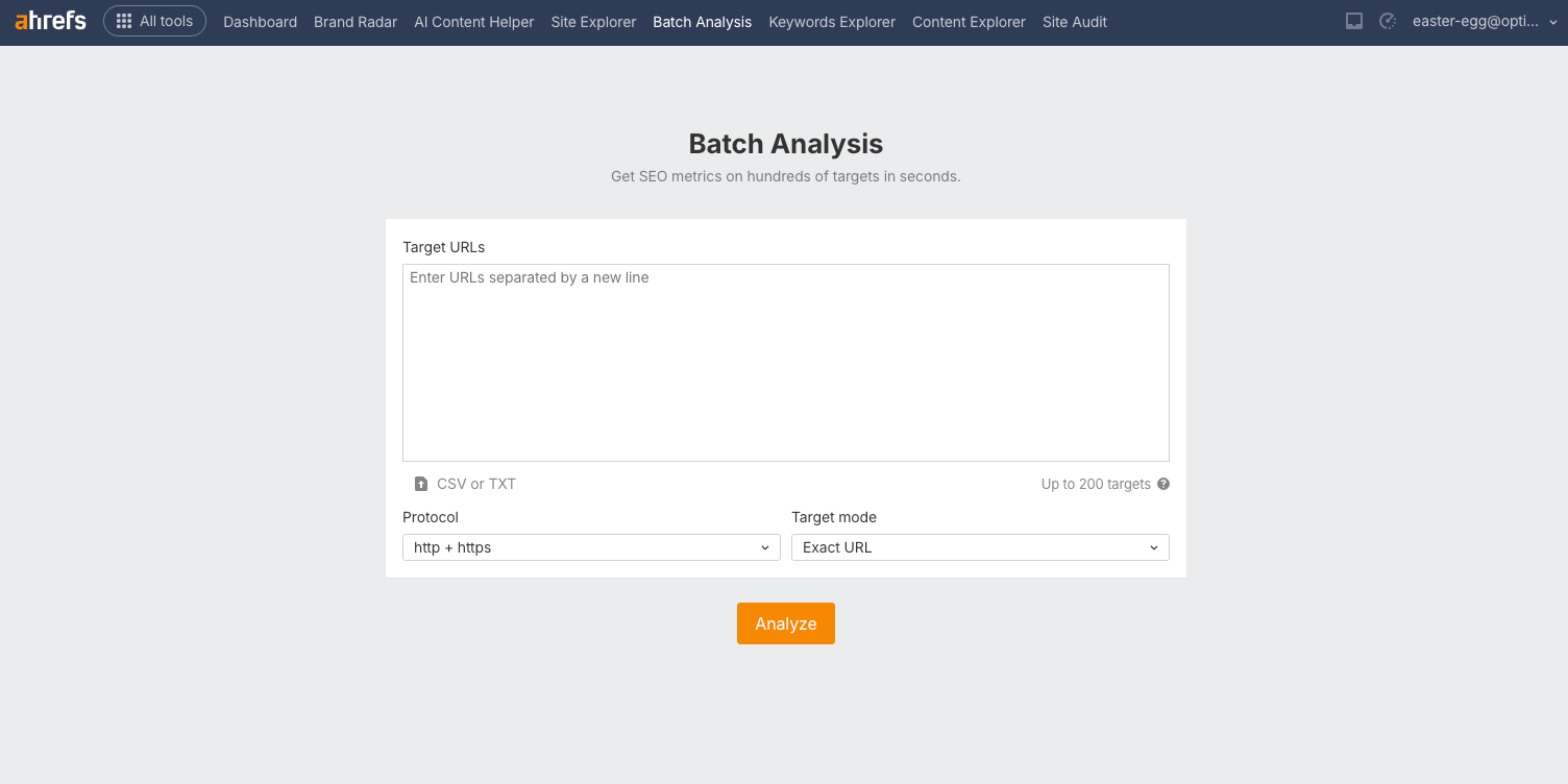 Ahrefs Batch Analysis tool showing the empty Target URLs field, protocol selector, and target mode dropdown before running a bulk backlink audit.