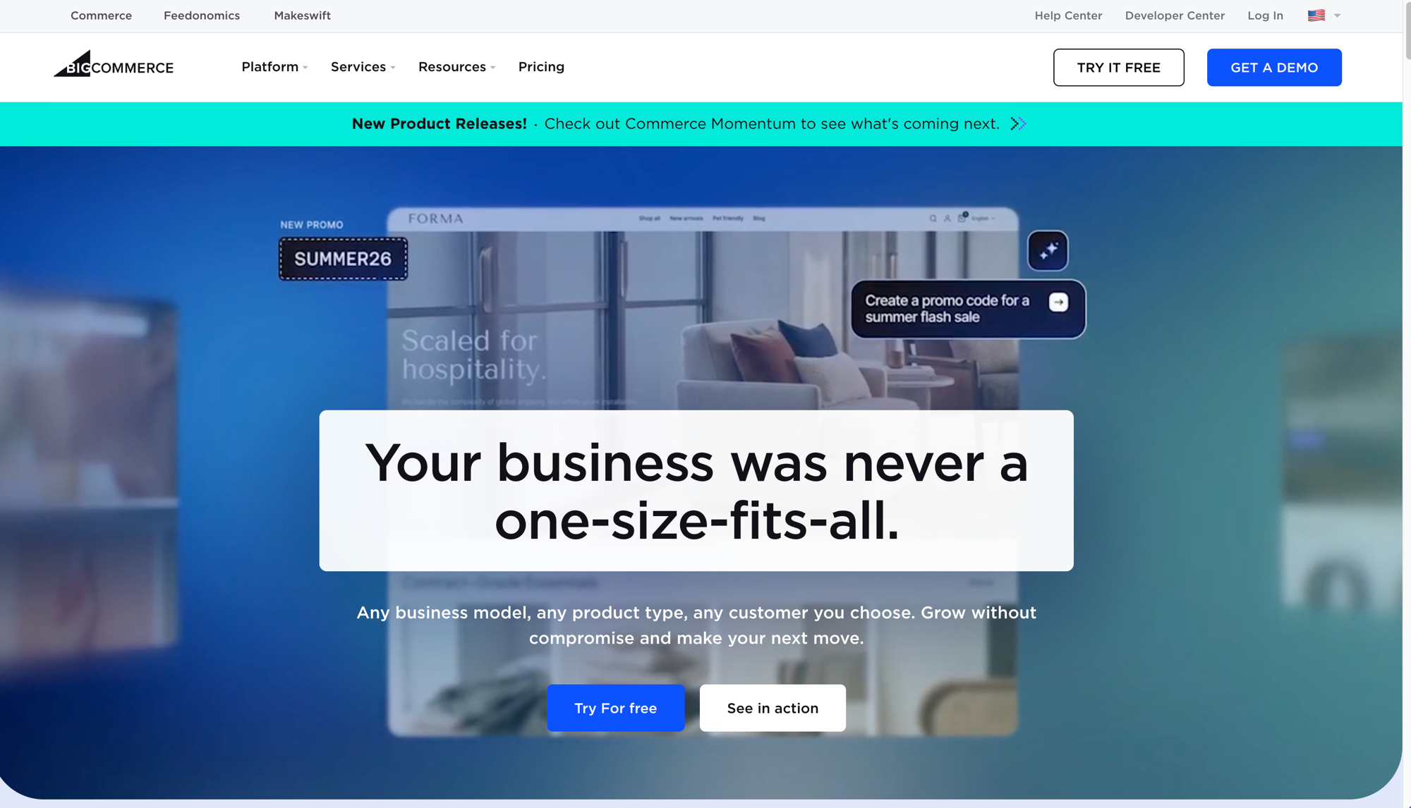 BigCommerce homepage showing its ecommerce platform with the headline that a business was never one-size-fits-all