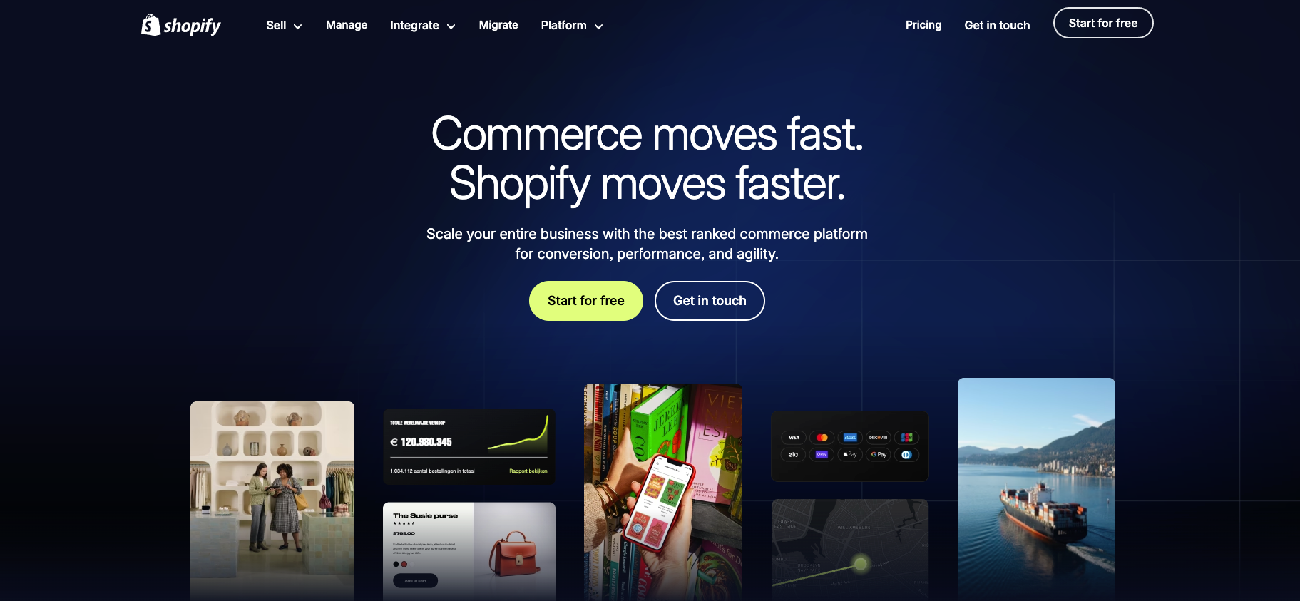 Shopify homepage with the tagline Commerce moves fast, Shopify moves faster, above storefront and dashboard previews