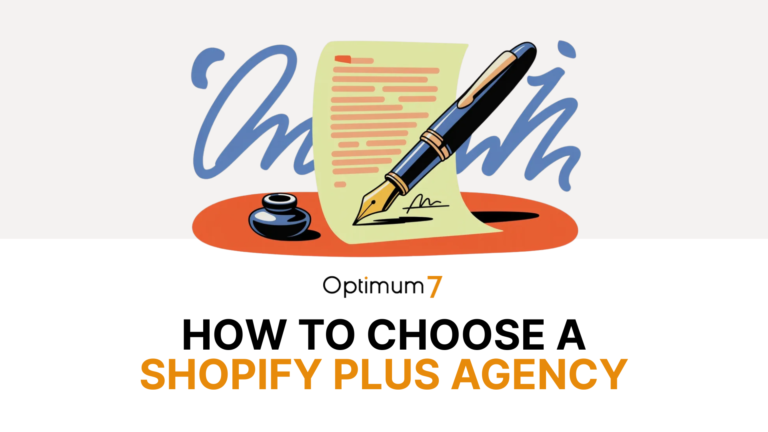 Illustration of a fountain pen signing a yellow document on an orange oval, for an article about choosing a Shopify Plus agency (Optimum7 branding).