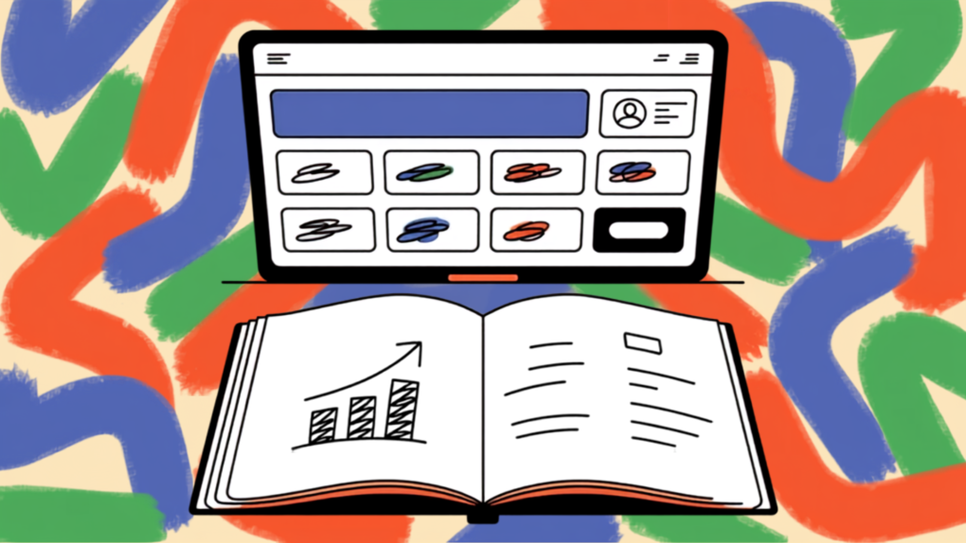 Illustration of a laptop showing a grid of agency logo cards above an open notebook with a rising bar chart