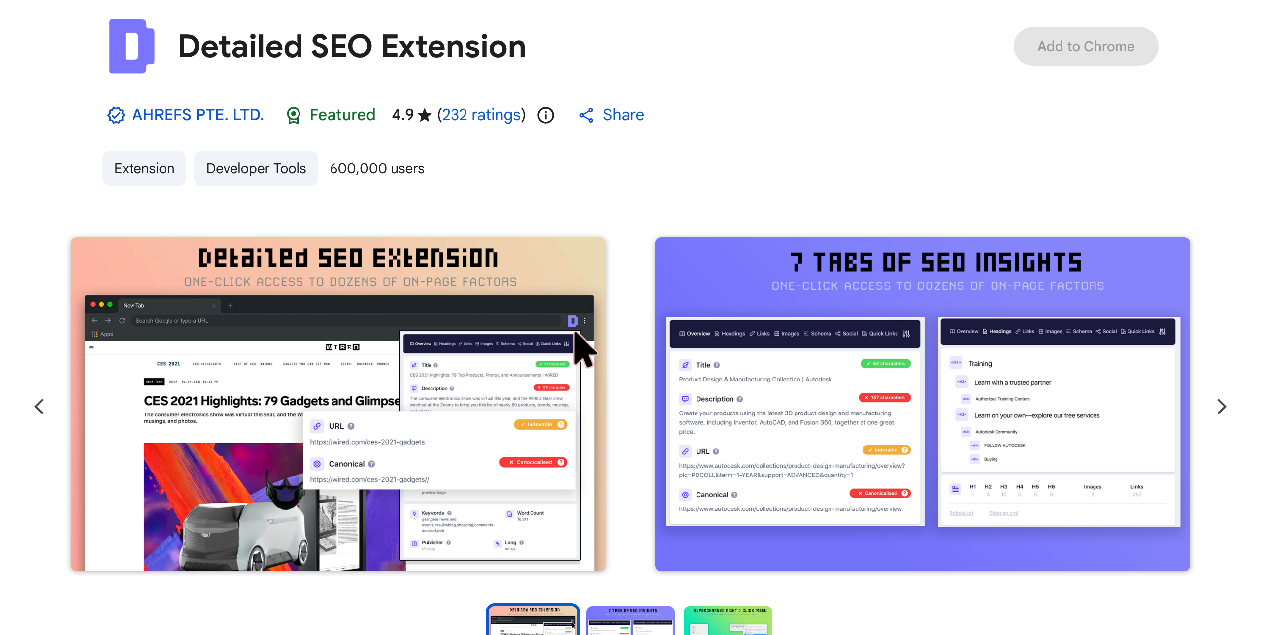 Chrome Web Store listing for the Detailed SEO Extension showing a 4.9 star rating, 600,000 users, and its one-click on-page SEO panel