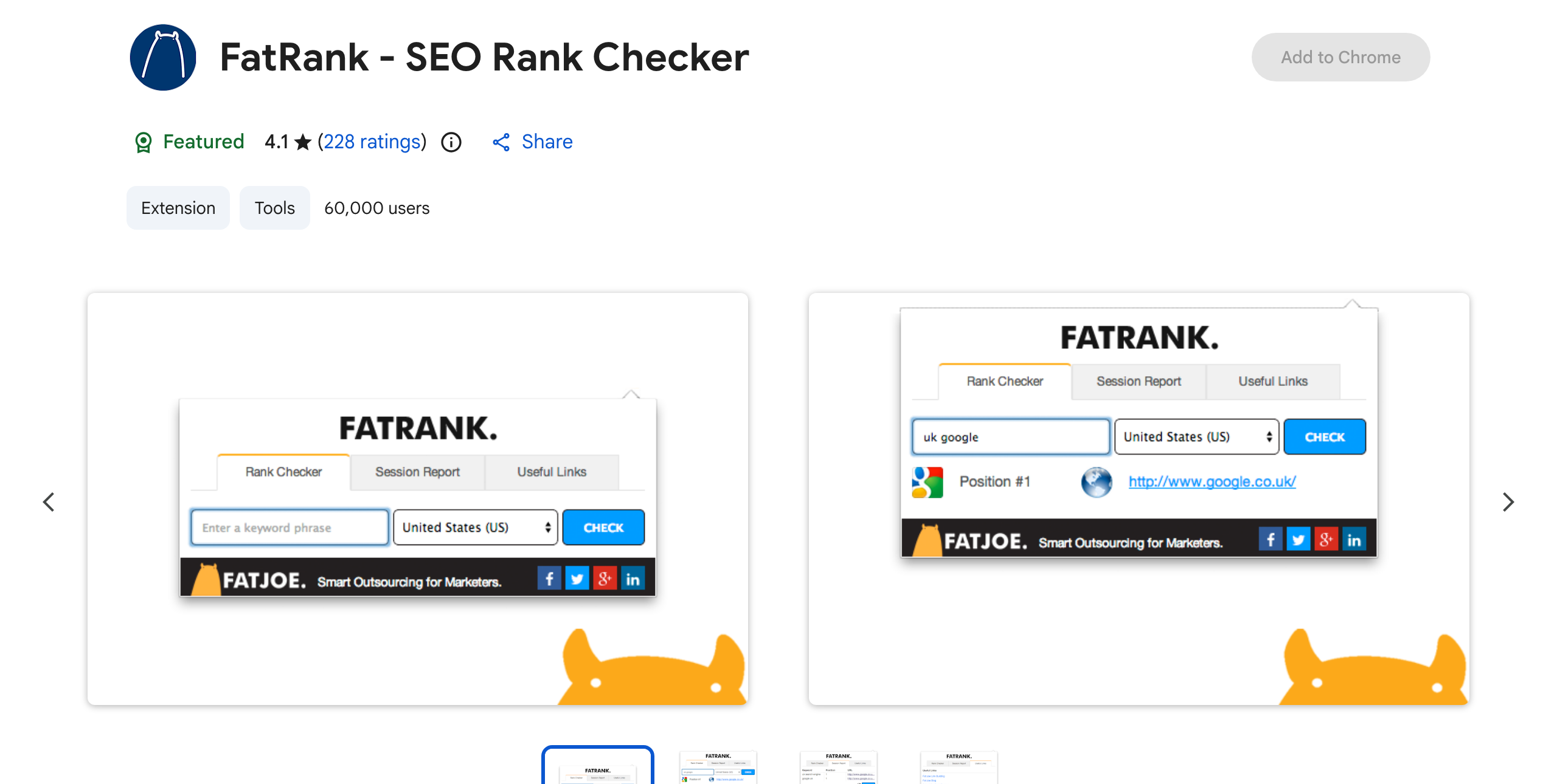 Chrome Web Store listing for FATRANK showing its single-keyword rank checker returning a position result