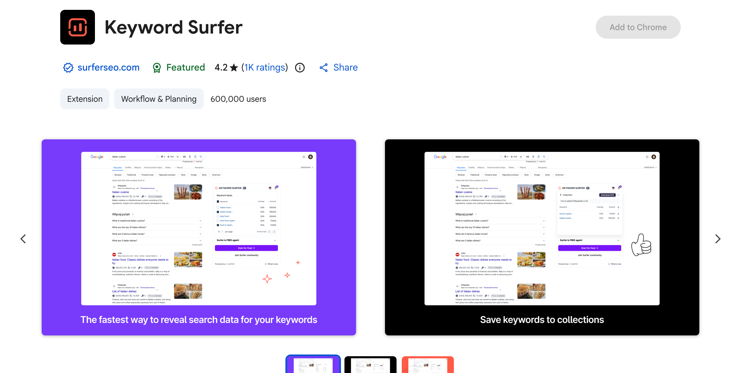 Chrome Web Store listing for Keyword Surfer showing search volume data overlaid on a Google results page