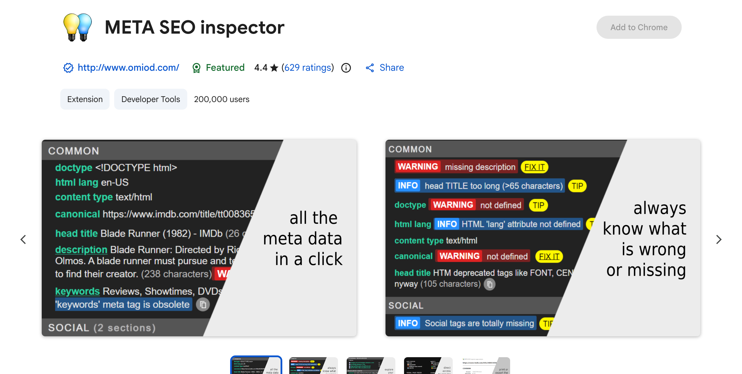 Chrome Web Store listing for Meta SEO Inspector showing its metadata and structured data inspection panel