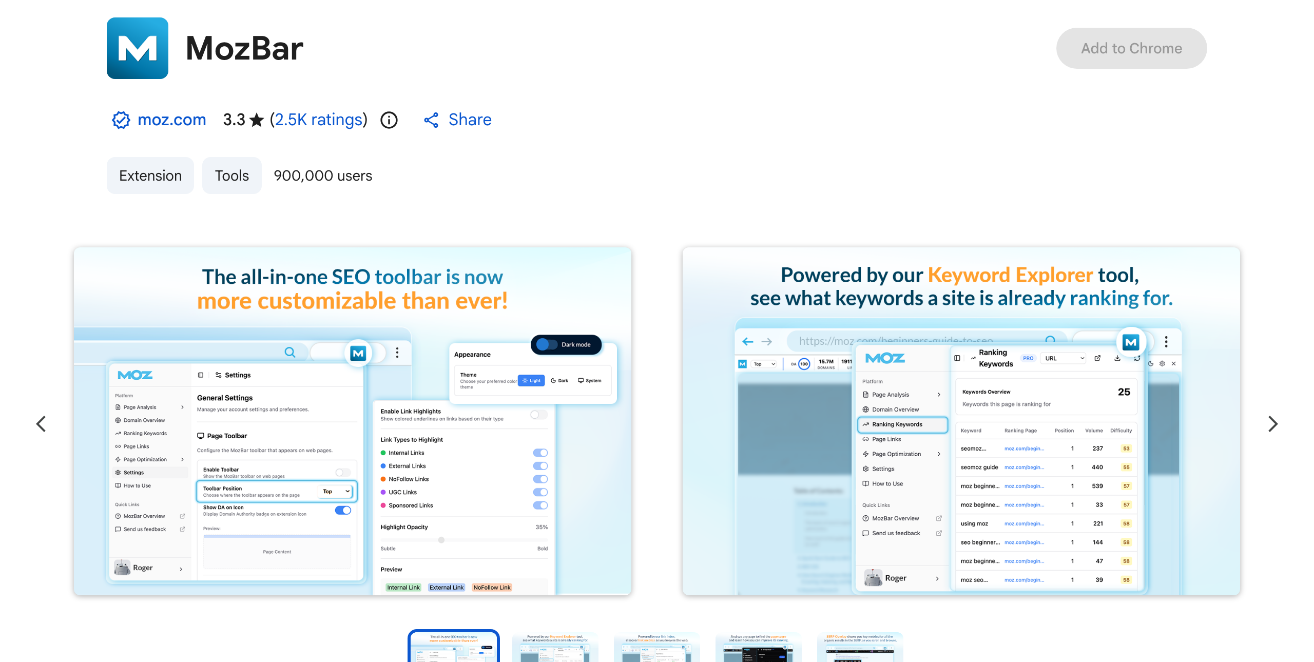 Chrome Web Store listing for MozBar showing its SEO toolbar and settings panel