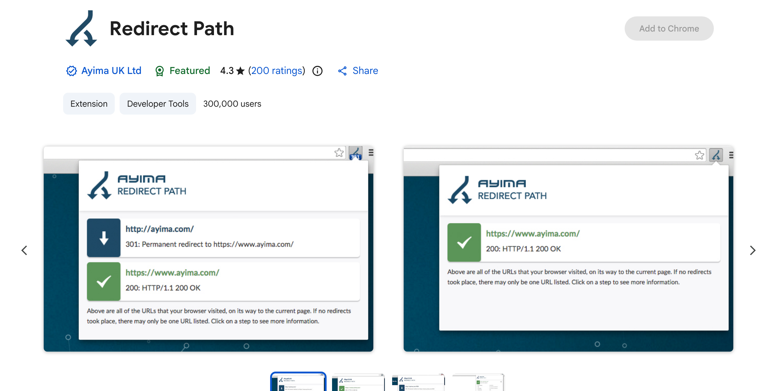 Chrome Web Store listing for Redirect Path showing a 301 permanent redirect resolving to a 200 OK status