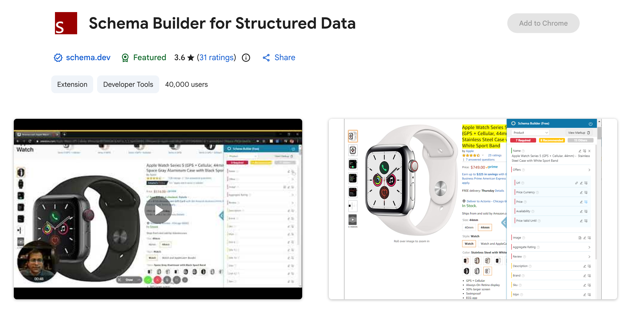 Chrome Web Store listing for Schema Builder for Structured Data showing its JSON-LD generation panel on a product page