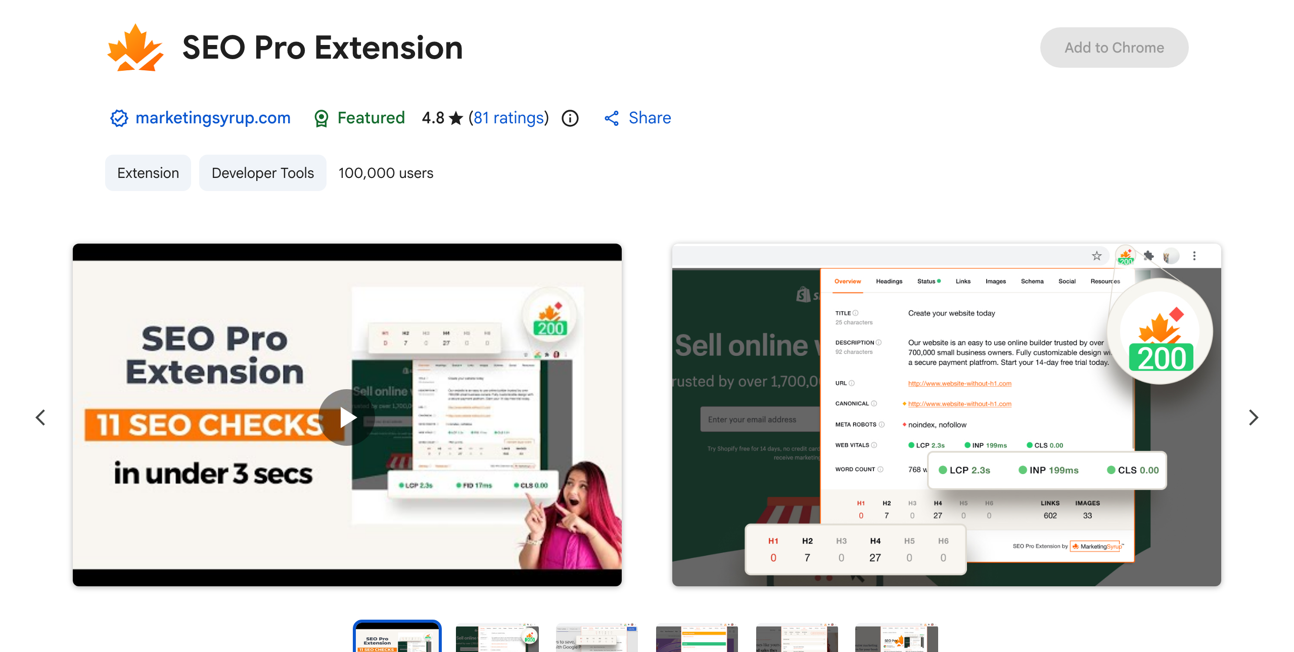 Chrome Web Store listing for the SEO Pro Extension showing an 11-SEO-checks panel and a 4.8 star rating