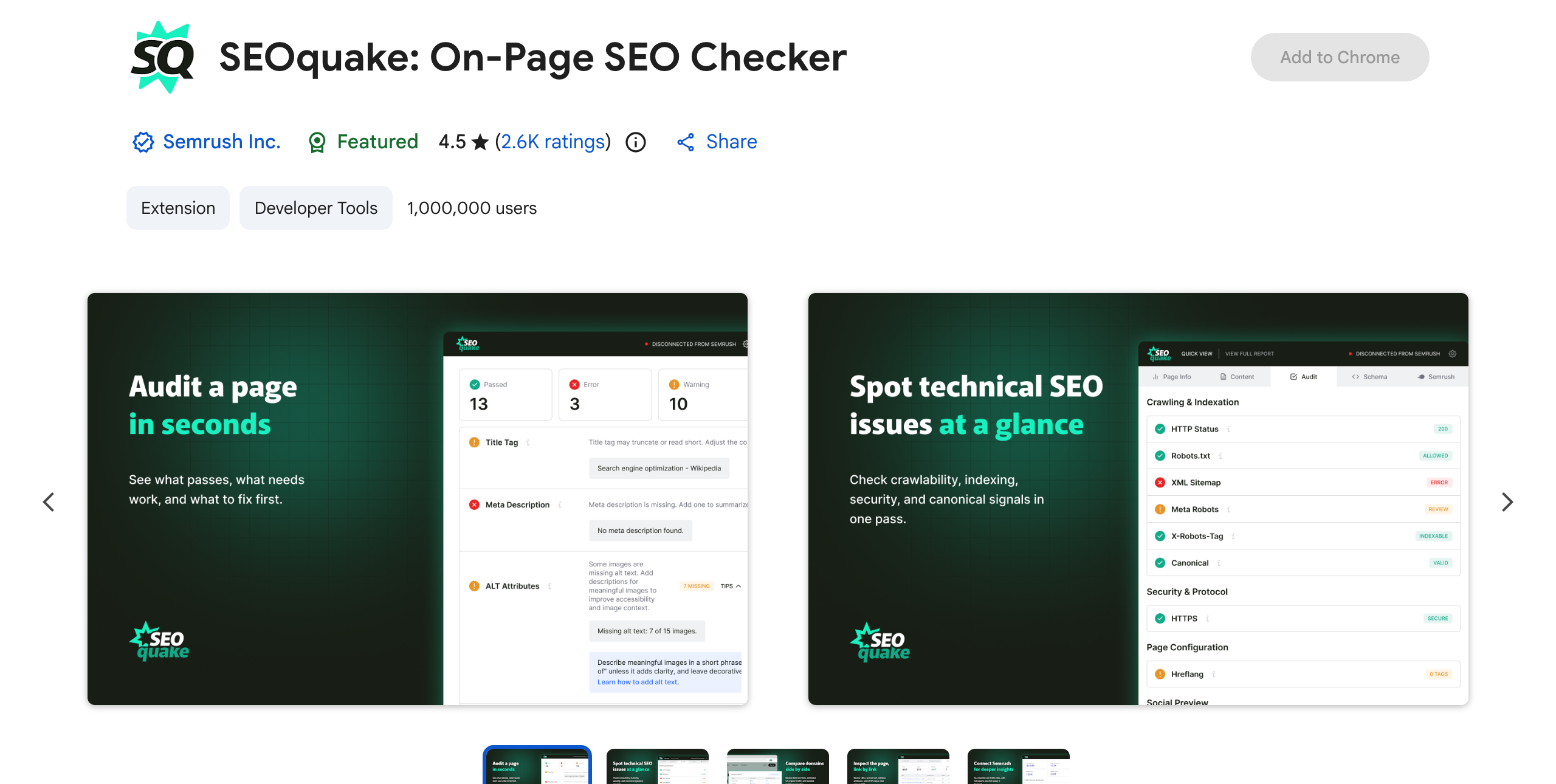 Chrome Web Store listing for SEOquake showing its audit-a-page and technical-issues panels and a 4.5 star rating