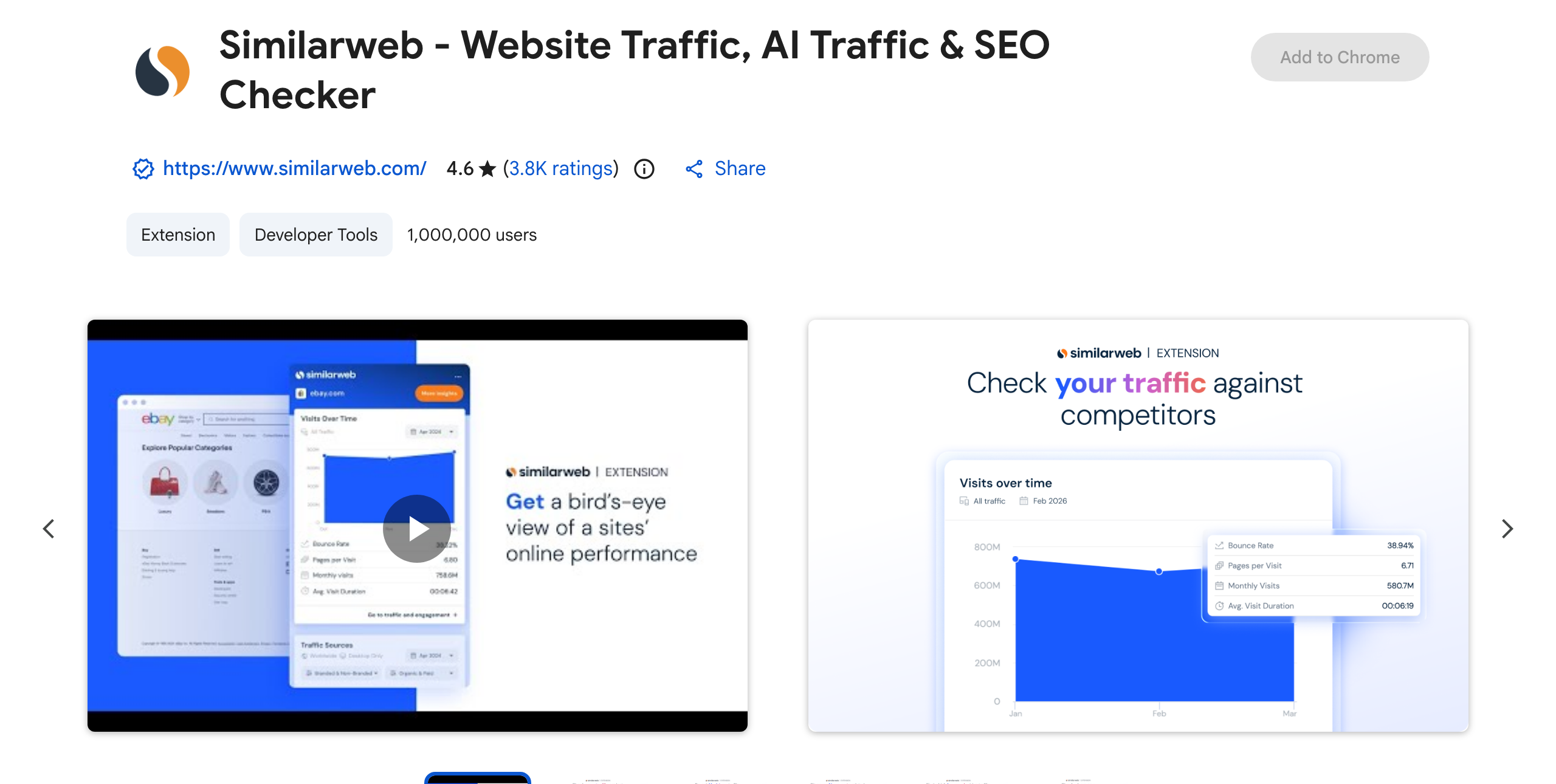 Chrome Web Store listing for the SimilarWeb extension showing a traffic-against-competitors chart