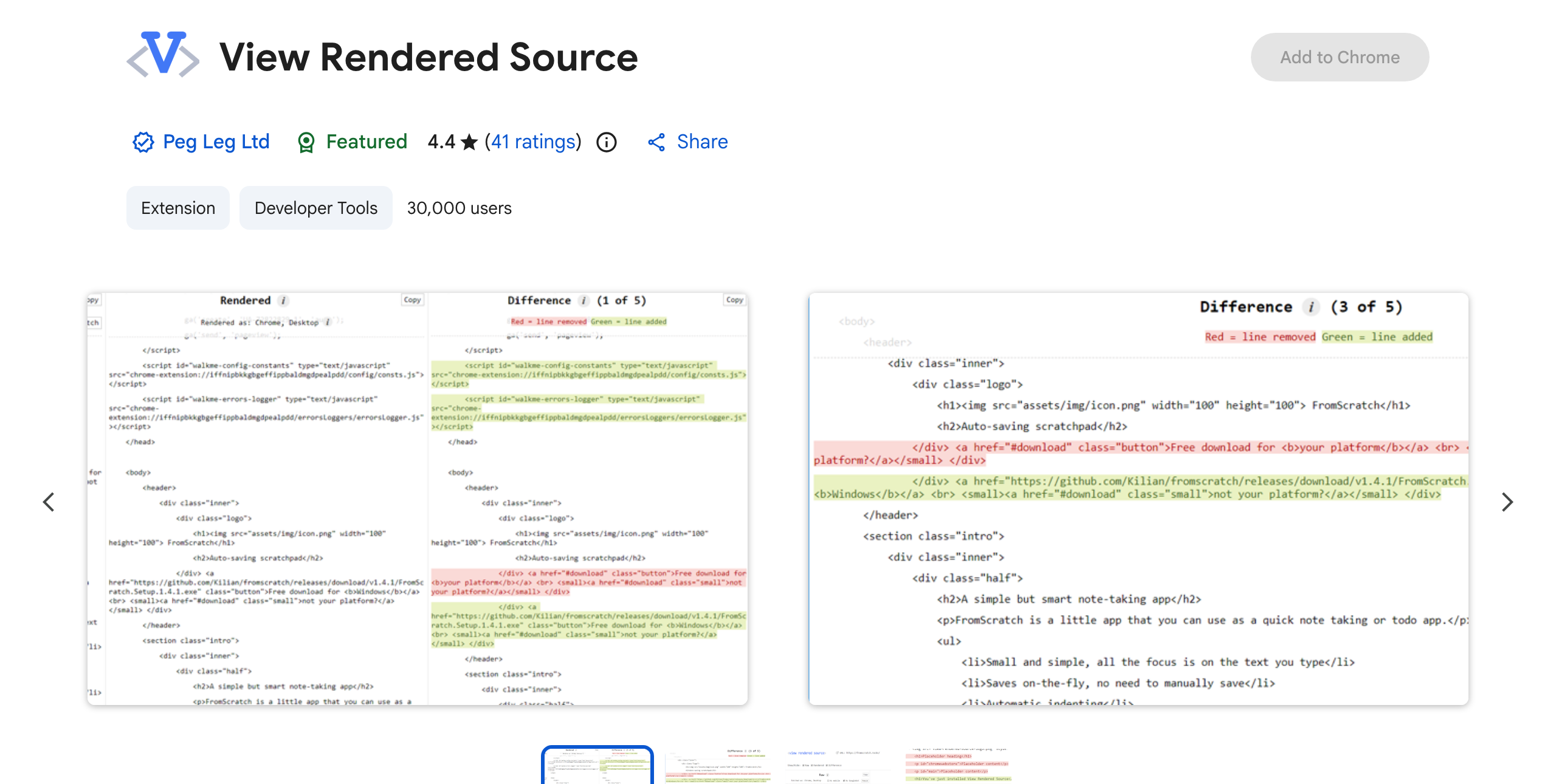 Chrome Web Store listing for View Rendered Source showing a rendered-versus-raw HTML difference view