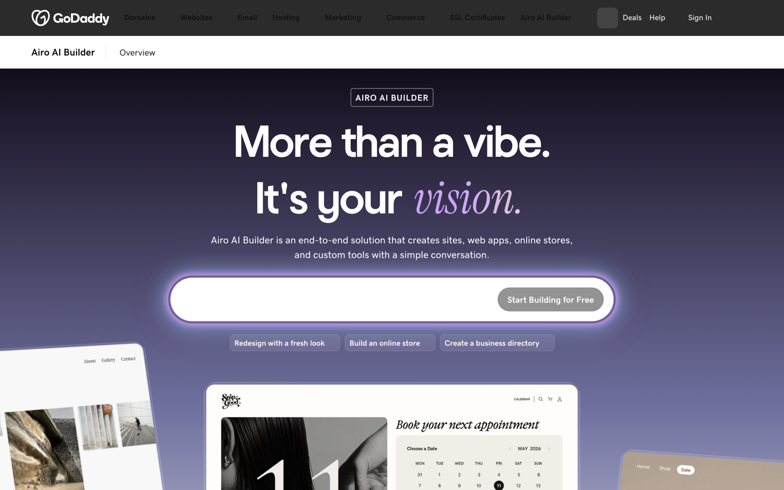 GoDaddy Airo AI Builder page with the tagline more than a vibe, it's your vision, and a prompt box for generating a website from a description