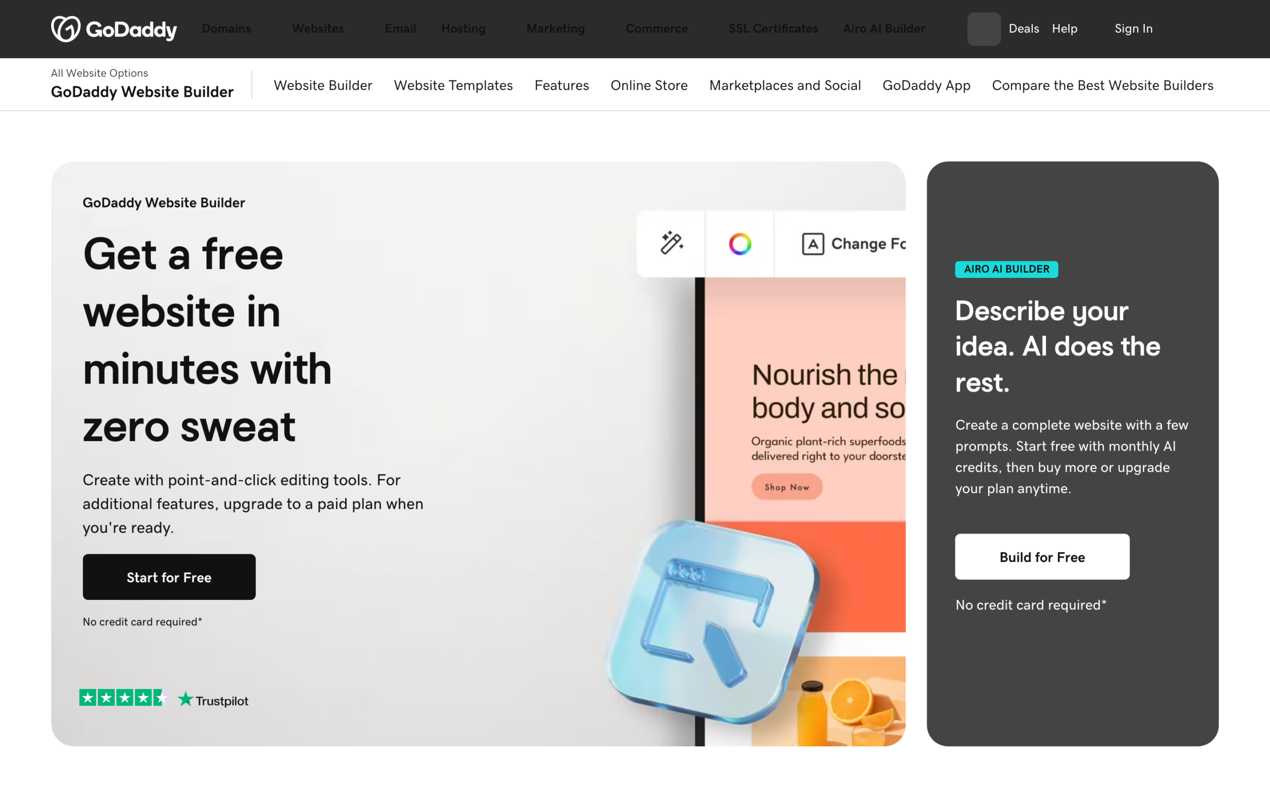 GoDaddy Website Builder page promising a free website in minutes with zero sweat, with a Trustpilot rating badge and an Airo AI Builder panel alongside