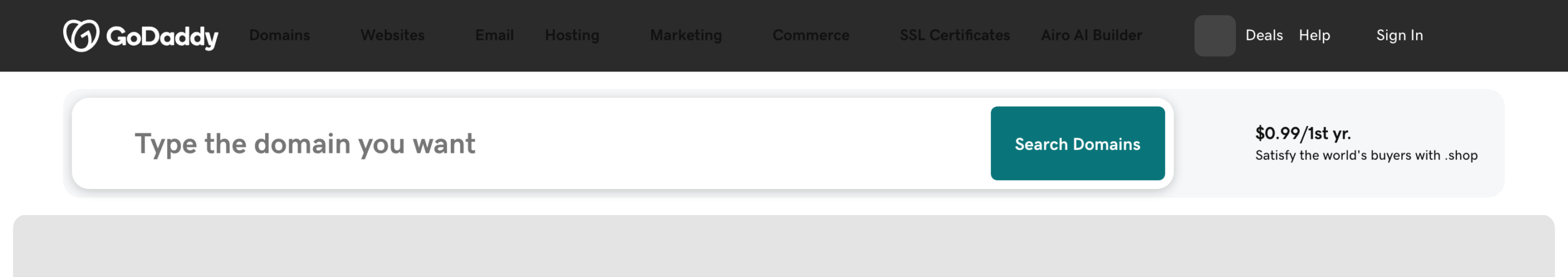 GoDaddy homepage header with the domain search bar and a 99-cent first-year domain promotion next to the search button