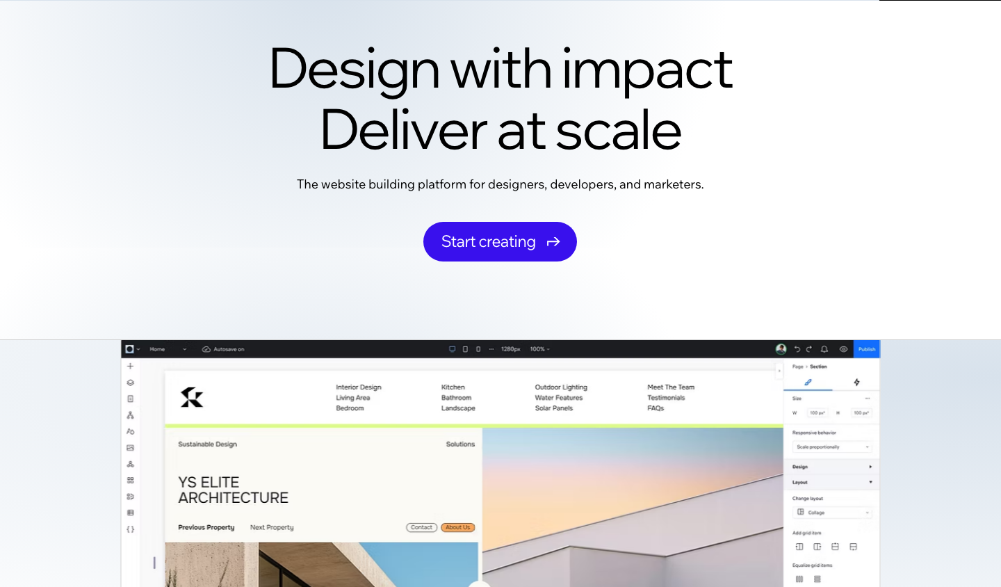 Wix Studio landing page with the heading Design with impact, Deliver at scale above a screenshot of the Studio editor