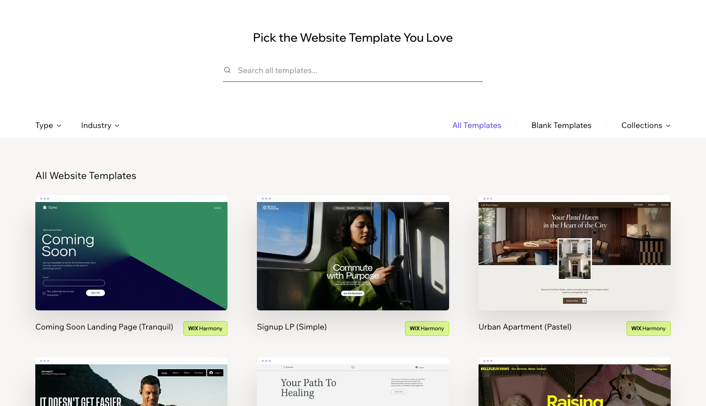 Wix template gallery page inviting users to pick a website template, with rows of template previews