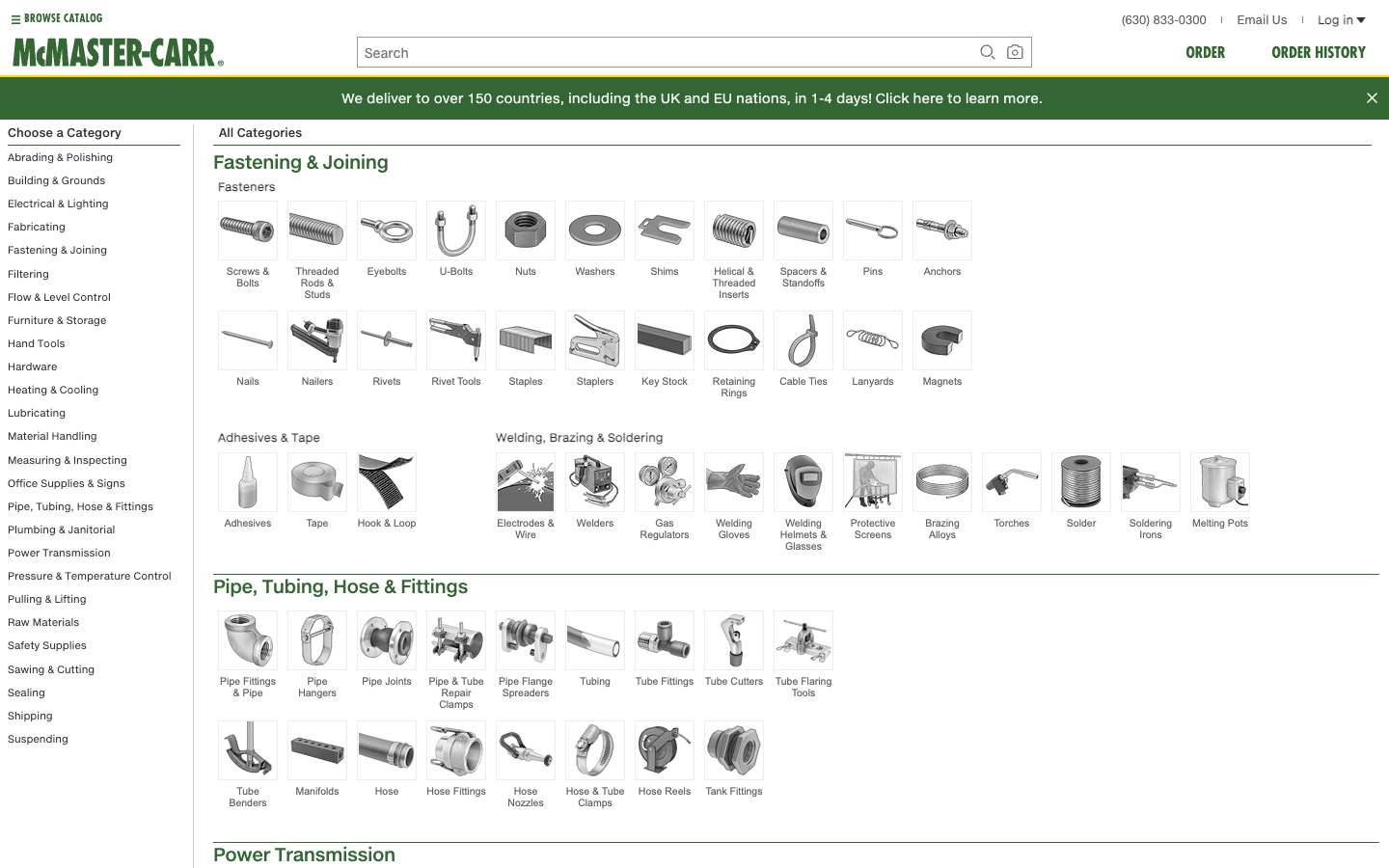 Industrial parts catalog organized into categories such as fastening and joining, pipe and tubing, and power transmission, the way a business buyer researches and drills to the exact part