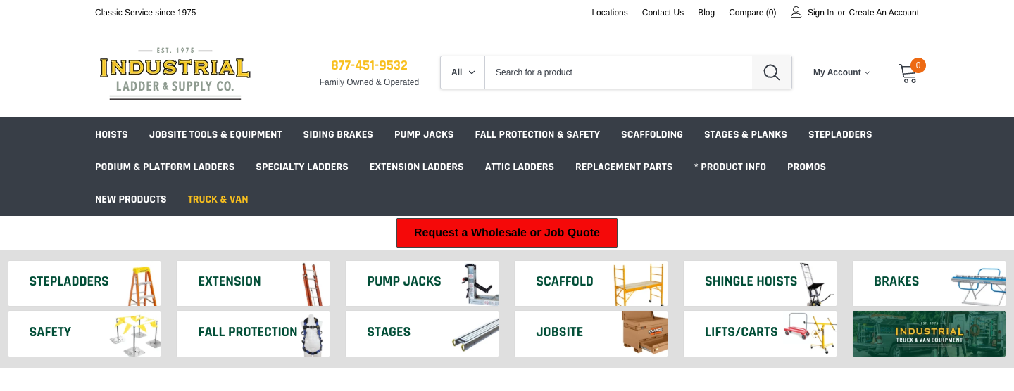 Industrial Ladder and Supply Co. homepage showing an all-category search bar, a Request a Wholesale or Job Quote button, and product category tiles