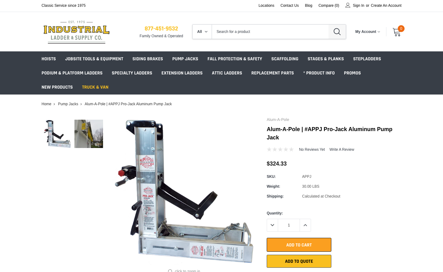 Industrial Ladder product page for an aluminum pump jack showing the SKU, weight, a quantity stepper, and Add to Cart and Add to Quote buttons