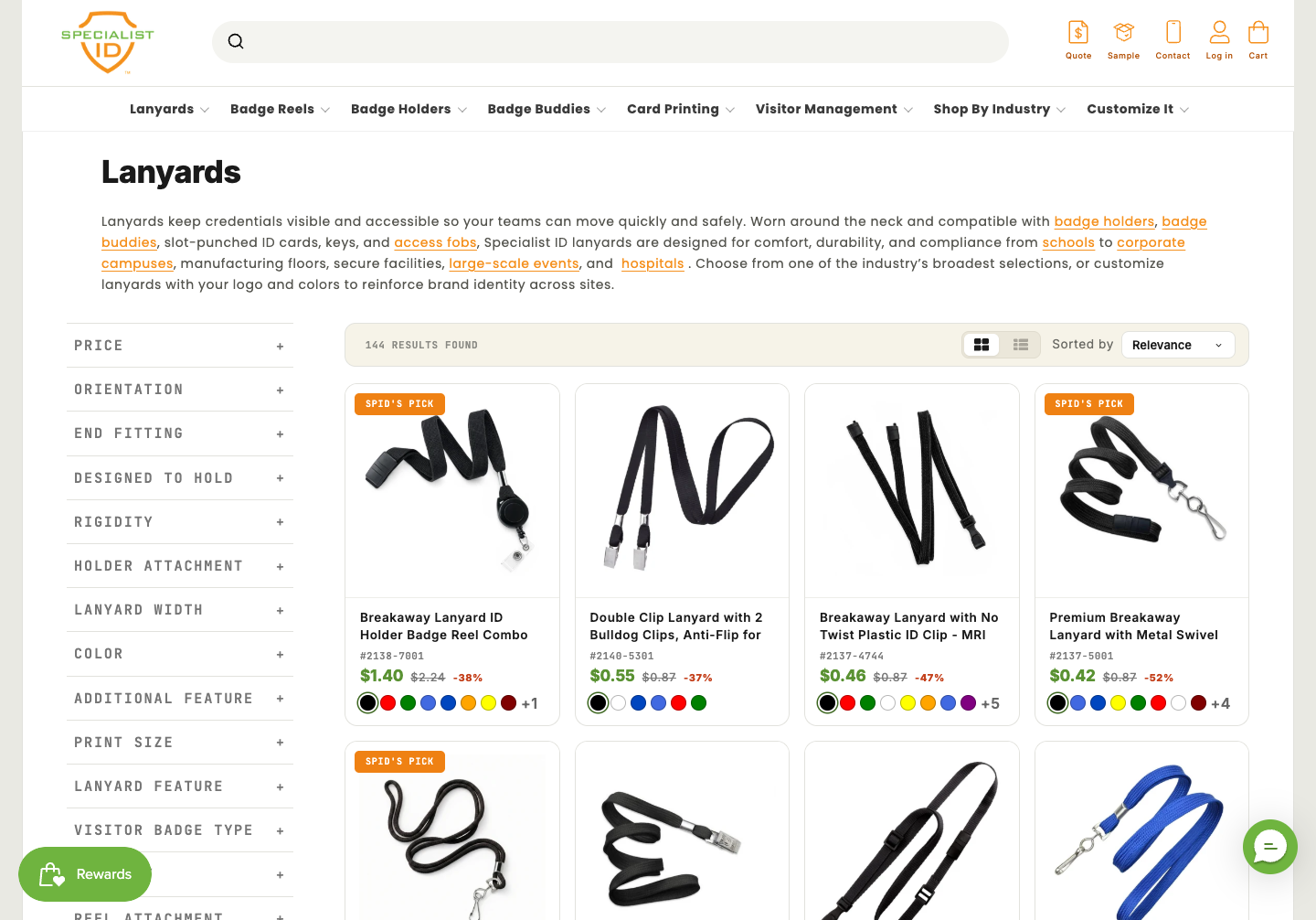 Specialist ID lanyards category page showing a deep faceted filter sidebar with price, orientation, end fitting, width and color facets, 144 results, and product cards with part numbers and prices