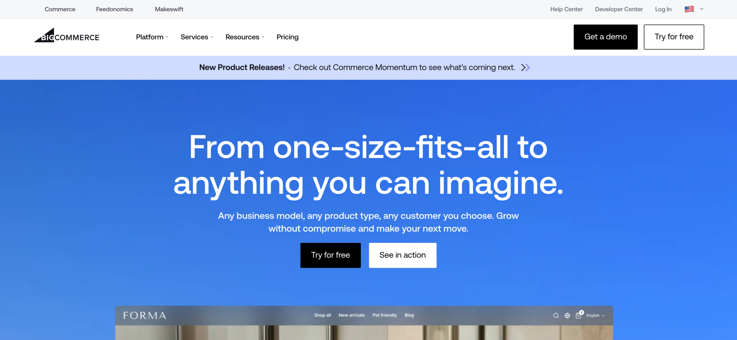 BigCommerce ecommerce platform homepage, the destination for a store migration