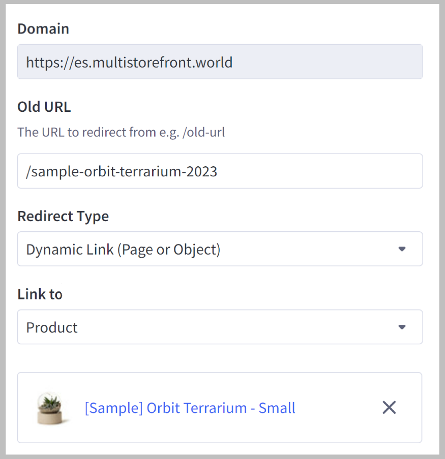 BigCommerce control panel 301 Redirects page showing the Old URL field and destination picker for a single redirect