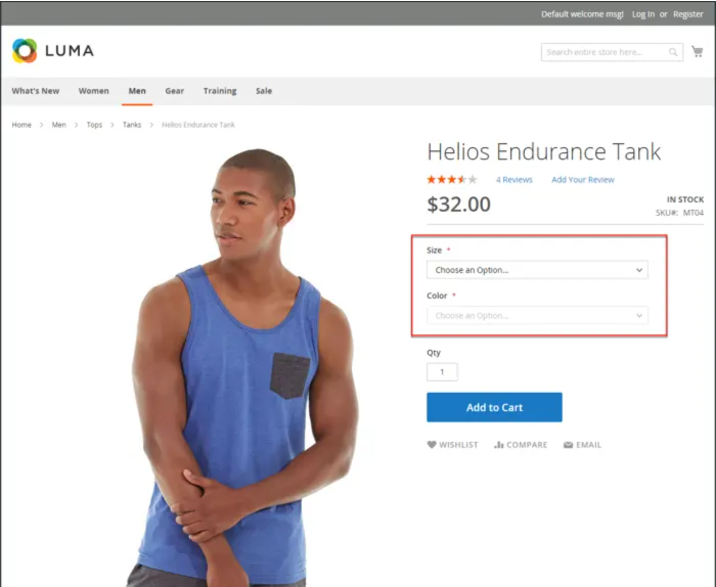 Adobe Commerce (Magento) configurable product on the Luma demo store showing Size and Color option dropdowns on the product page
